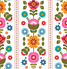 floral geometric stripes in pink yellow orange aqua blue green chartreuse colors seamless pattern, vector illustration repeat design print