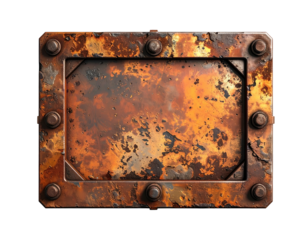 Rectangular rusty metal plate with bolts around the edges, isolated on black