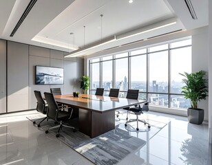 Bright Contemporary Conference Room with City View and Modern Furniture Sunny Illumination