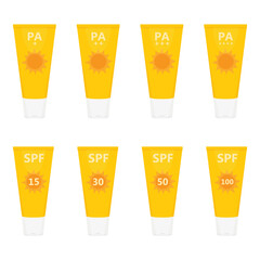 Various SPF level set. Sun cream sunscreen lotion, yellow bottle tube package design collection