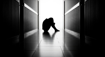 Silhouette of a person curled up in a dark hallway