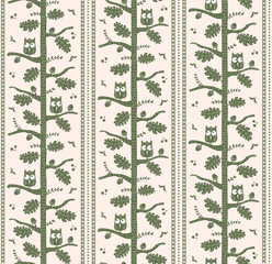  woodland forest tree branches and cute cartoon owls seamless pattern, hand drawn vector illustration repeat design print in beige and sage green