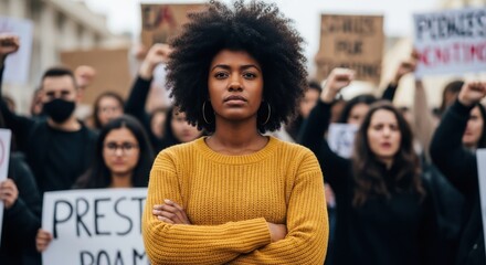 Young black woman leads protest with determined expression