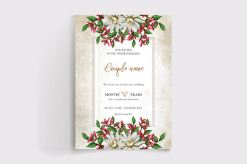 WEDDING INVITATION FRAME WITH FLOWER DECORATIONS AND FRESH LEAVES