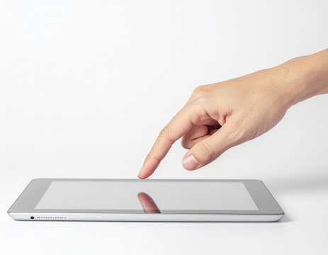Hand swiping left on touchscreen mobile device, communication concept
