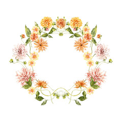 Beautiful Watercolor Floral Wreath Illustration, Hand Painted Botanical Frame with Dahlias and Wildflowers for Wedding Invitation and Logo Design