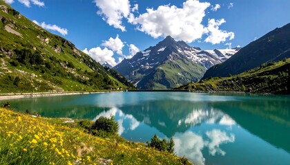 Mountain lake reflecting a summer sky