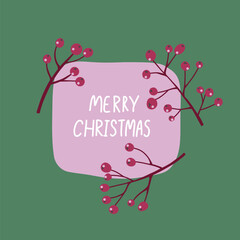 Merry Christmas Square Illustration with Festive Branches. Pink and Green Color Palette. Cute Hand-Drawn Holiday Doodle Art for Greeting Cards, Posters, Stickers, and Social Media Design
