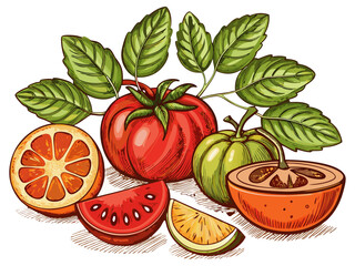 Vintage Hand Drawn Tomato Collection with Whole, Slice, Branch and Ketchup Bowl Illustration Isolated.