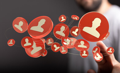 Illustration of networking, connection, communication, social media, abstract concept with icons linked on a dark background. Technology, HR, te