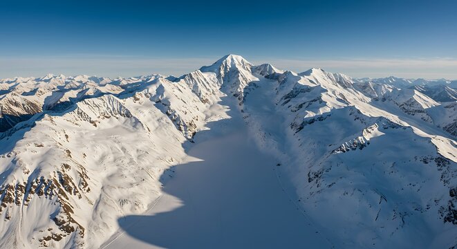 Aerial view of snow covered mountain range under clear blue sky