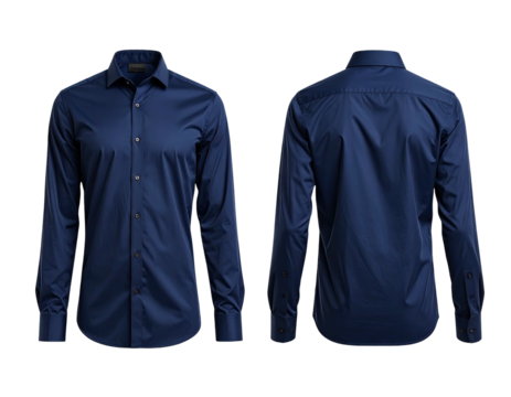 Front and back views of a long-sleeved, navy blue button-down shirt