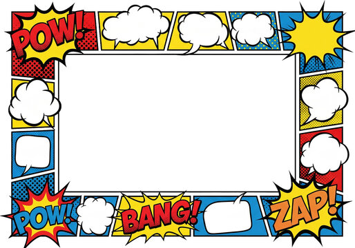 Vibrant Comic Book Pop Art Frame with Speech Bubbles and Dynamic Action Words