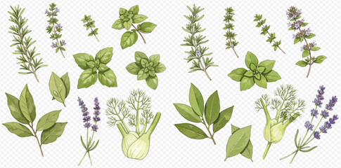 Botanical illustration of various herbs including rosemary, basil, lavender, and fennel on a transparent background. © studio