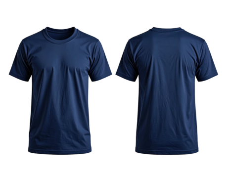 Navy blue crew neck t-shirt displayed, front and back views, against a black backdrop