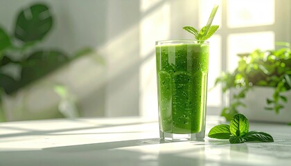 Bright Green Smoothie with Mint Garnish on White Table in Sunny Kitchen Window