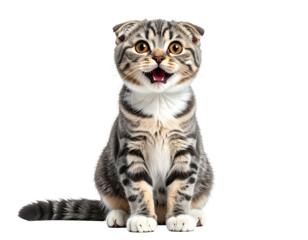 Front-facing, wide-eyed, happy-looking Scottish Fold cat on a black background
