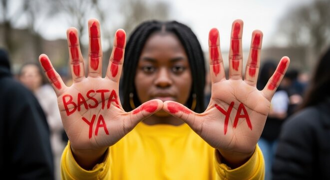 Young woman holds up hands with basta ya written in red paint