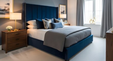 Elegantly designed bedroom featuring a large blue upholstered headboard, crisp white linens, and a gray throw blanket, complemented by wooden nightstands and soft lighting.