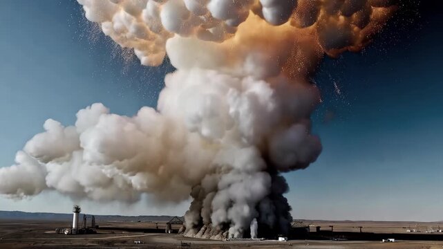 Nuclear blast column erupting on remote proving ground, concentric smoke rings, sense of scale and danger, theme of deterrence, history of weapons testing, stark industrial minimalism