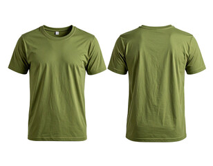 Two views of an olive-green crew neck t-shirt. Front and back