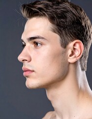 Profile portrait of a young man with short brown hair against a gray background