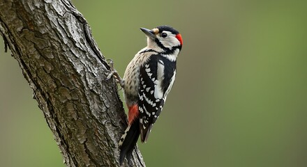 Detailed portrait of a colorful woodpecker perched on a tree branch