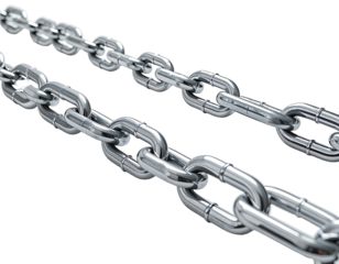 Close-up of two shiny, silver metal chains, angled against a solid black background