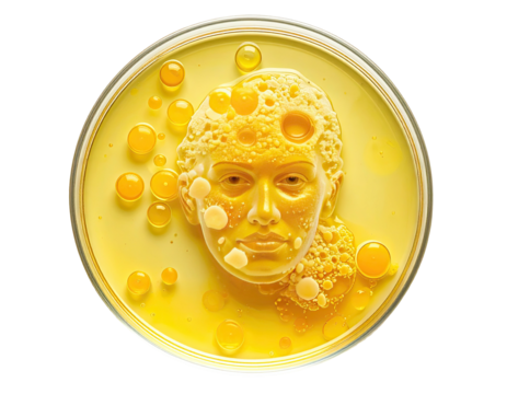 A surreal, golden human face sculpted in yellow, bacteria-like matter inside a petri dish