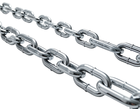 Close-up of two shiny, silver metal chains, angled against a solid black background