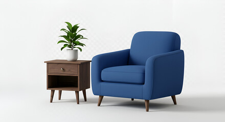 Elegant Blue Armchair and Minimalist Nightstand with Green Plant on a White Backdrop