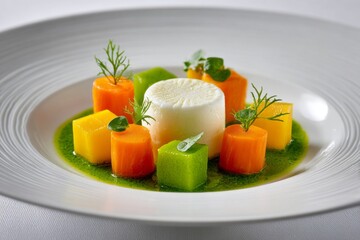Delightful presentation of colorful vegetable cubes and creamy center served on green oil