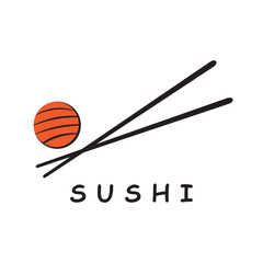 Chopsticks with sushi piece roll. Sushi utensil. Asian seafood. Vector isolated on white.
