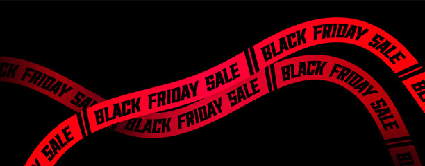 Red Ribbons Black Friday Banner Promotion. Ad Tapes for Promotional Offers for Holiday Discount, Retail Promo, Web, Social Poster. Original Curved Lines to Increase Sales of Shop. Vector Illustration