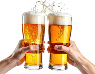 Two hands toasting with overflowing, frothy, golden-hued beverages