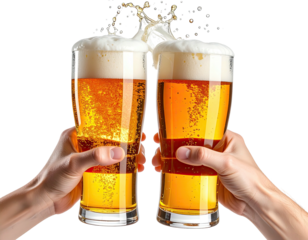 Two hands toasting with overflowing, frothy, golden-hued beverages