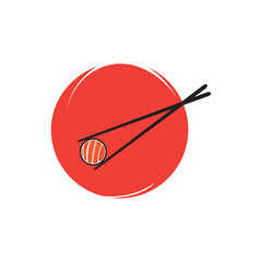 Chopsticks with sushi piece roll. Sushi utensil. Asian seafood. Vector isolated on white.