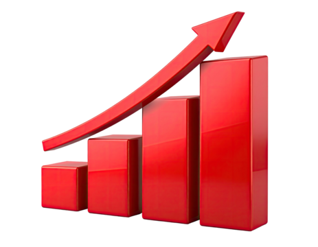 Shiny red bars increase in height, with an upward-pointing arrow