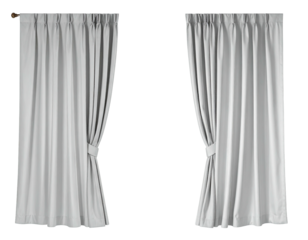 Two light grey curtains, tied back in the middle, on a black background