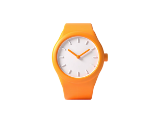 An orange wristwatch with a white clock face and orange hands against black