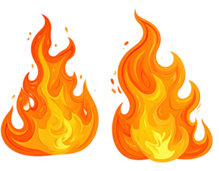 Two cartoon flames with orange, yellow and red hues, glowing against black