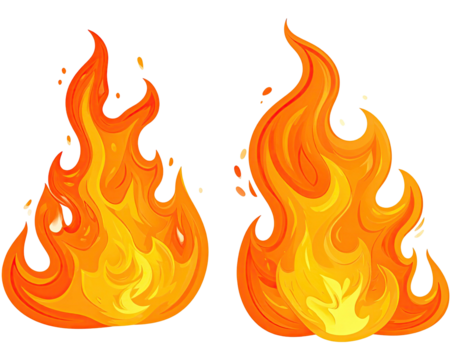 Two cartoon flames with orange, yellow and red hues, glowing against black - Powered by Adobe