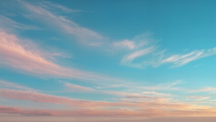 Pastel sky with soft pink and blue gradient sunrise clouds wispy cirrus streaks over a low horizon serene calm atmospheric light tranquil mood panoramic composition