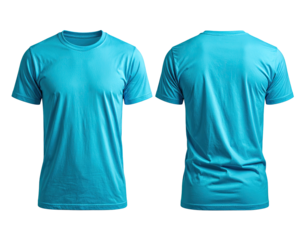 Front and back view of a turquoise crew neck tee shirt against a black background