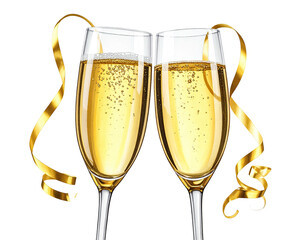 Two champagne flutes toasting with golden ribbons and bubbly effervescence