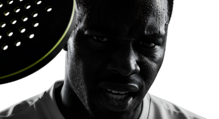 Intense dark athletic portrait of a determined padel player, sweat glistening, ready for the next serve, embodying strength and focus in action