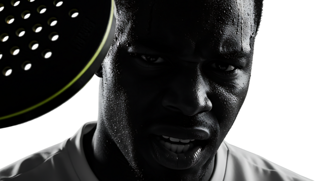Intense dark athletic portrait of a determined padel player, sweat glistening, ready for the next serve, embodying strength and focus in action - Powered by Adobe