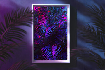 A framed picture showcasing vibrant purple and blue neon lights illuminating lush tropical palm leaves, creating an electrifying and futuristic ambiance