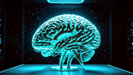 Brilliant glowing neon blue human brain model illuminates dark futuristic laboratory, inspiring innovation and scientific discovery.