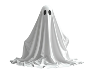 Simple, ghostly figure draped in white fabric, eyes visible in an empty black space